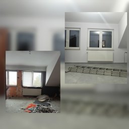 Usługi ogólnobudowlane Adaś - Zdjęcie 'przed i po' remontu poddasza: po lewej zniszczone ściany i bałagan, po prawej odnowione, białe ściany, okna i grzejnik, leżąca drabina.