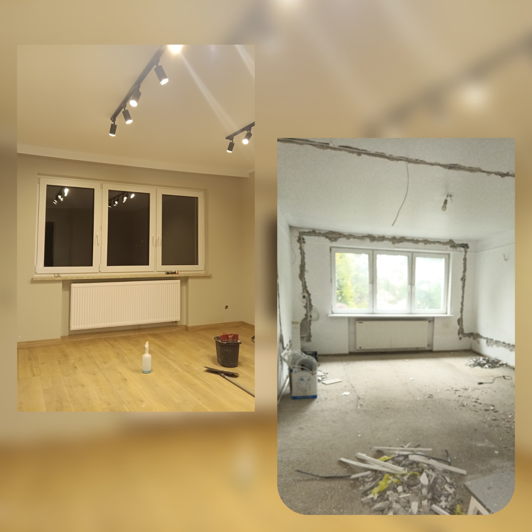 Zdjęcie 'przed i po' remontu pokoju: po lewej wykończone wnętrze z drewnianą podłogą, po prawej pokój w trakcie demontażu, z widocznymi śladami po instalacjach.