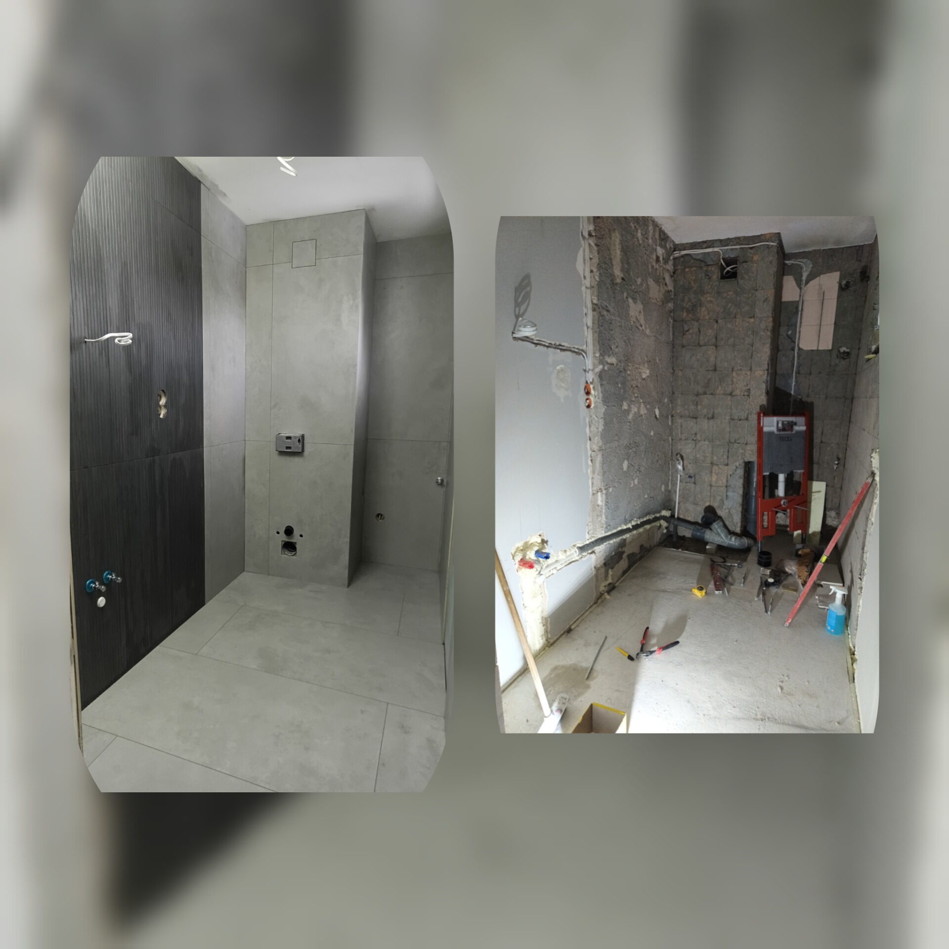 Remont łazienki: po lewej wykończona, szara łazienka z ciemnym drewnem, po prawej surowy stan z narzędziami i instalacjami. Kontrast stanu przed i po.