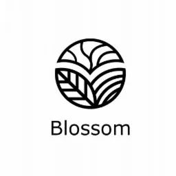 Logo firmy Blossom: Stylizowany okrąg z motywem liści i pędów w kolorze czarnym na białym tle, poniżej nazwa firmy 'Blossom' w czcionce bezszeryfowej.