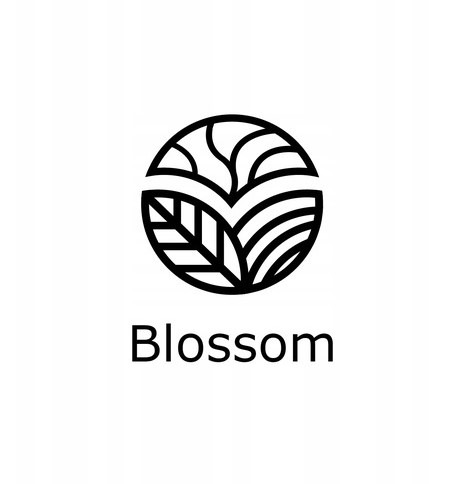 Logo firmy Blossom: Stylizowany okrąg z motywem liści i pędów w kolorze czarnym na białym tle, poniżej nazwa firmy 'Blossom' w czcionce bezszeryfowej.
