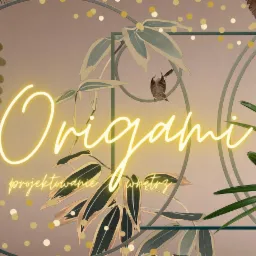 Grafika z neonowym napisem Origami projektowanie wnętrz, dekoracyjnymi liśćmi i motywem złotych kropek.