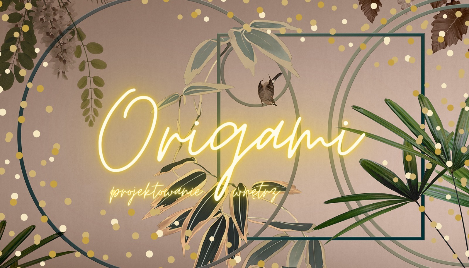 Grafika z neonowym napisem Origami projektowanie wnętrz, dekoracyjnymi liśćmi i motywem złotych kropek.