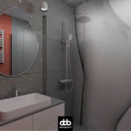 Wizualizacja łazienki z umywalką nablatową, lustrem o nieregularnym kształcie, grzejnikiem drabinkowym i kabiną prysznicową typu walk-in, z kartą do gry opartą o krawędź kabiny.