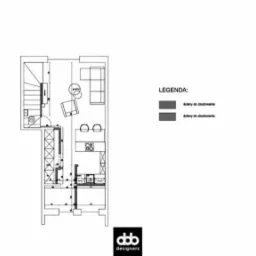 Rzut mieszkania z legendą oznaczającą ściany do wyburzenia i do zbudowania, logo projektanta w rogu.