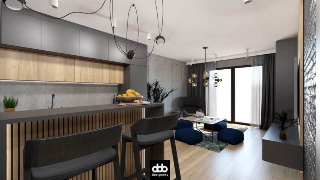 Wizualizacja wnętrza: połączona kuchnia z salonem w szarościach i drewnie, z wyspą kuchenną z drewnianymi lamelami, nowoczesnym oświetleniem i betonową ścianą.