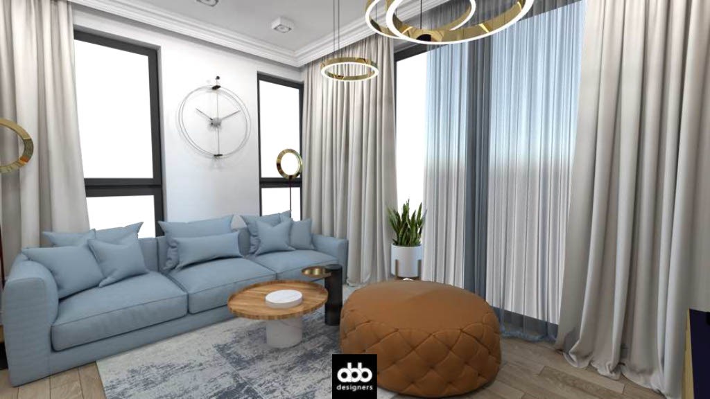 Wizualizacja salonu z jasnoniebieską sofą, okrągłym stolikiem kawowym z marmurową podstawą, brązową pufą, nowoczesnym zegarem ściennym i złotymi lampami pierścieniowymi.