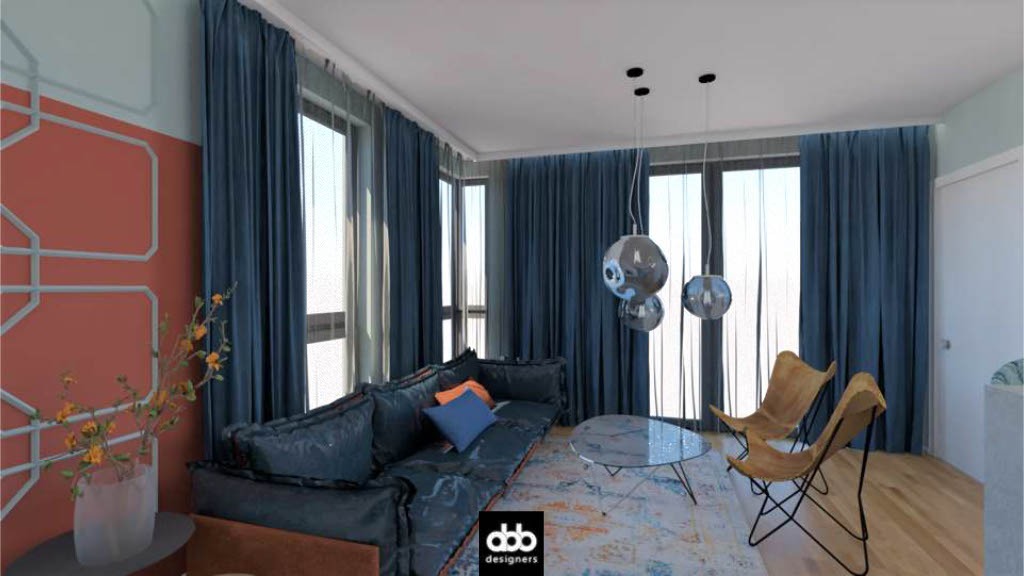 Wizualizacja salonu z ciemnoniebieską sofą, marmurowym stolikiem kawowym i skórzanymi krzesłami motylkowymi, oświetlonego wiszącymi lampami kulami i zasłoniętego ciemnymi zasłonami.