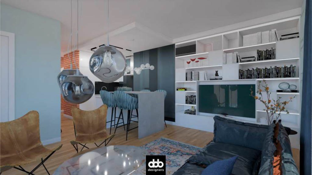 Wizualizacja salonu z aneksem kuchennym: skórzane fotele typu motyl, marmurowy stolik kawowy, barowe krzesła w odcieniach błękitu, srebrne lampy wiszące, regał z podświetleniem LED i dekoracjami.
