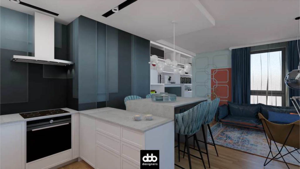 Wizualizacja nowoczesnego wnętrza z otwartą kuchnią, wyspą kuchenną z hokerami w kolorze morskim, ciemnymi panelami ściennymi i salonem z niebieską sofą w tle.