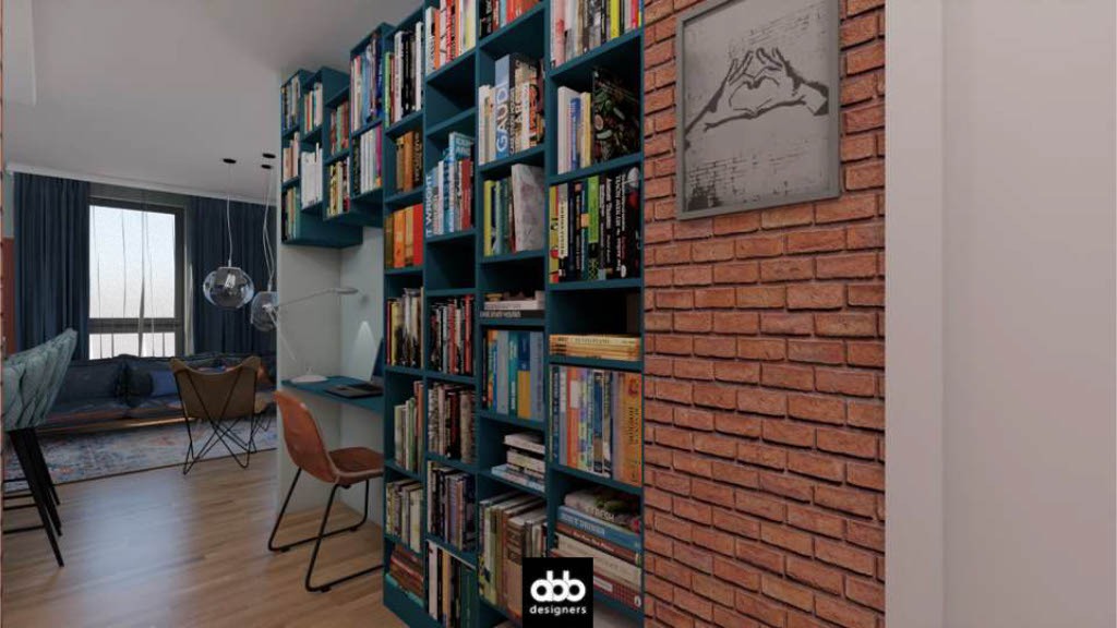 Wizualizacja pokoju z regałem na książki w kolorze turkusowym, biurkiem i krzesłem, ceglana ściana z grafiką w ramie, w tle salon z sofą i oknem z zasłonami.