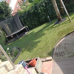 Klaudia Kajtarek - Świeżo założony trawnik z trampoliną w tle, obrzeża z kostki, donice z kwiatami i schody z balustradą.