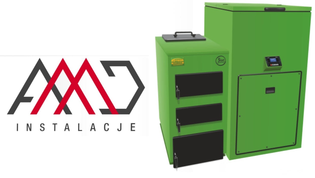 Logo firmy instalacyjnej z dwoma zielonymi piecami na paliwo stałe, w tym jeden z panelem sterowania.