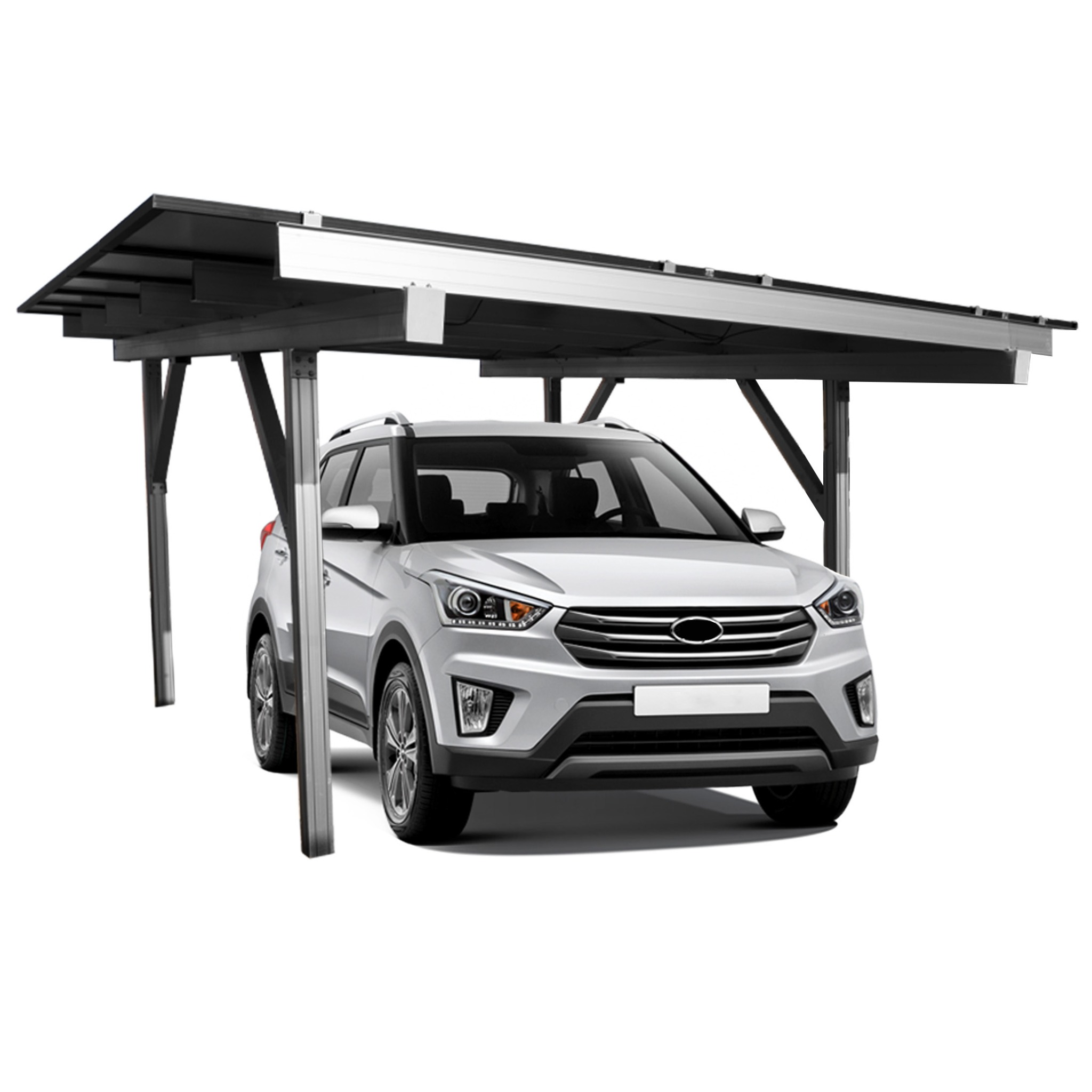 Nowoczesny garaż blaszany z metalową konstrukcją i czarnym dachem, chroniący srebrny samochód osobowy w Lublinie, widok z przodu.