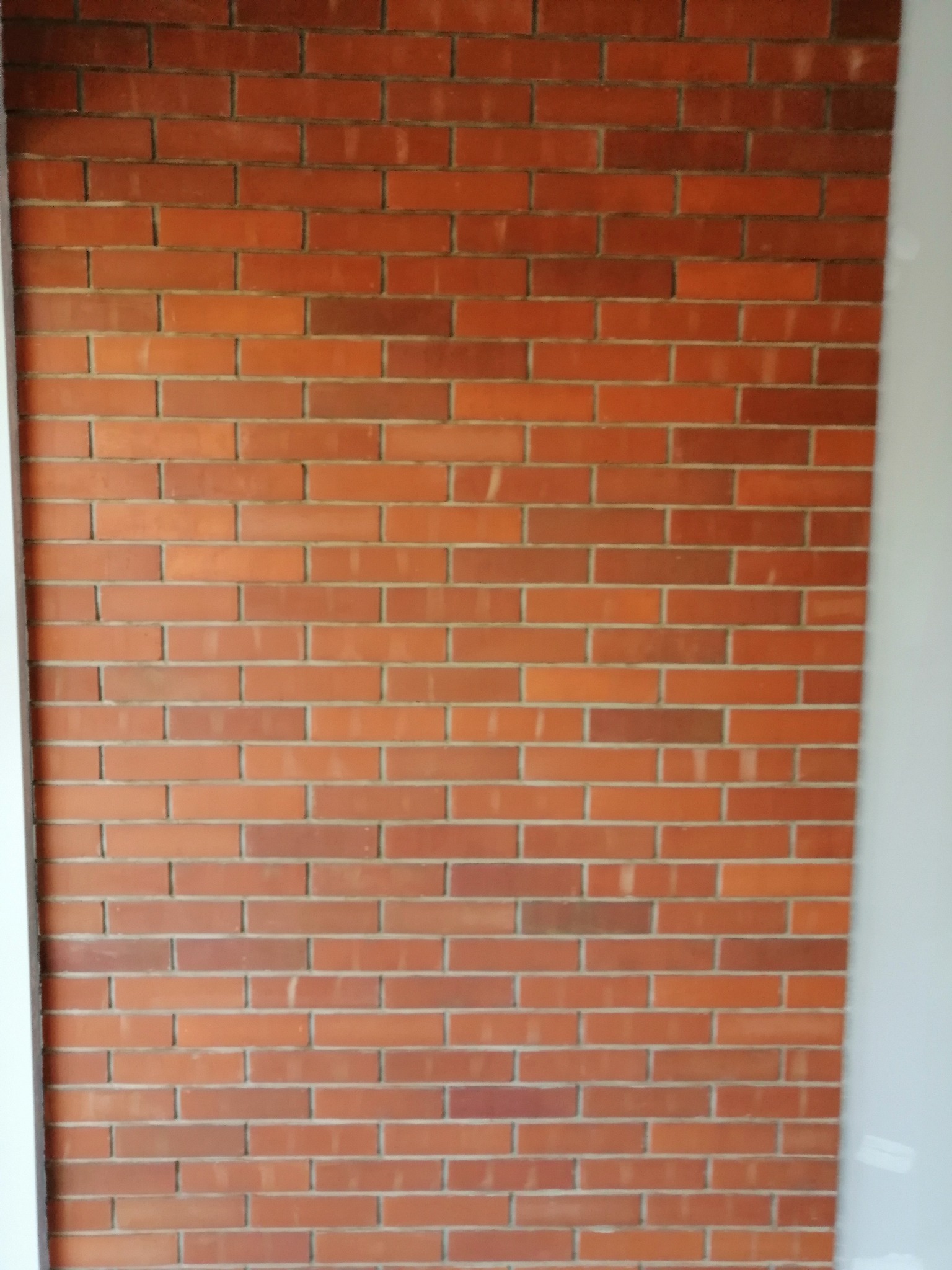 Ściana z czerwonej cegły, ułożona w regularny wzór, z widocznym białym fragmentem ściany po lewej stronie kadru.