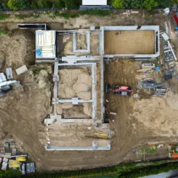 Widok z lotu ptaka na fundamenty domu w trakcie budowy. Betonowe ściany, piasek, sprzęt budowlany i materiały składowane na placu budowy.