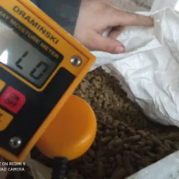 Pomiar wilgotności agropelletu w worku za pomocą wilgotnościomierza DRAMIŃSKI, wskazującego niski poziom wilgoci.
