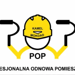 Graficzne logo firmy remontowej: żółty kask budowlany z napisem Kamel Mokdad, czarne wałki malarskie i napis POP Profesjonalna Odnowa Pomieszczeń na białym tle.