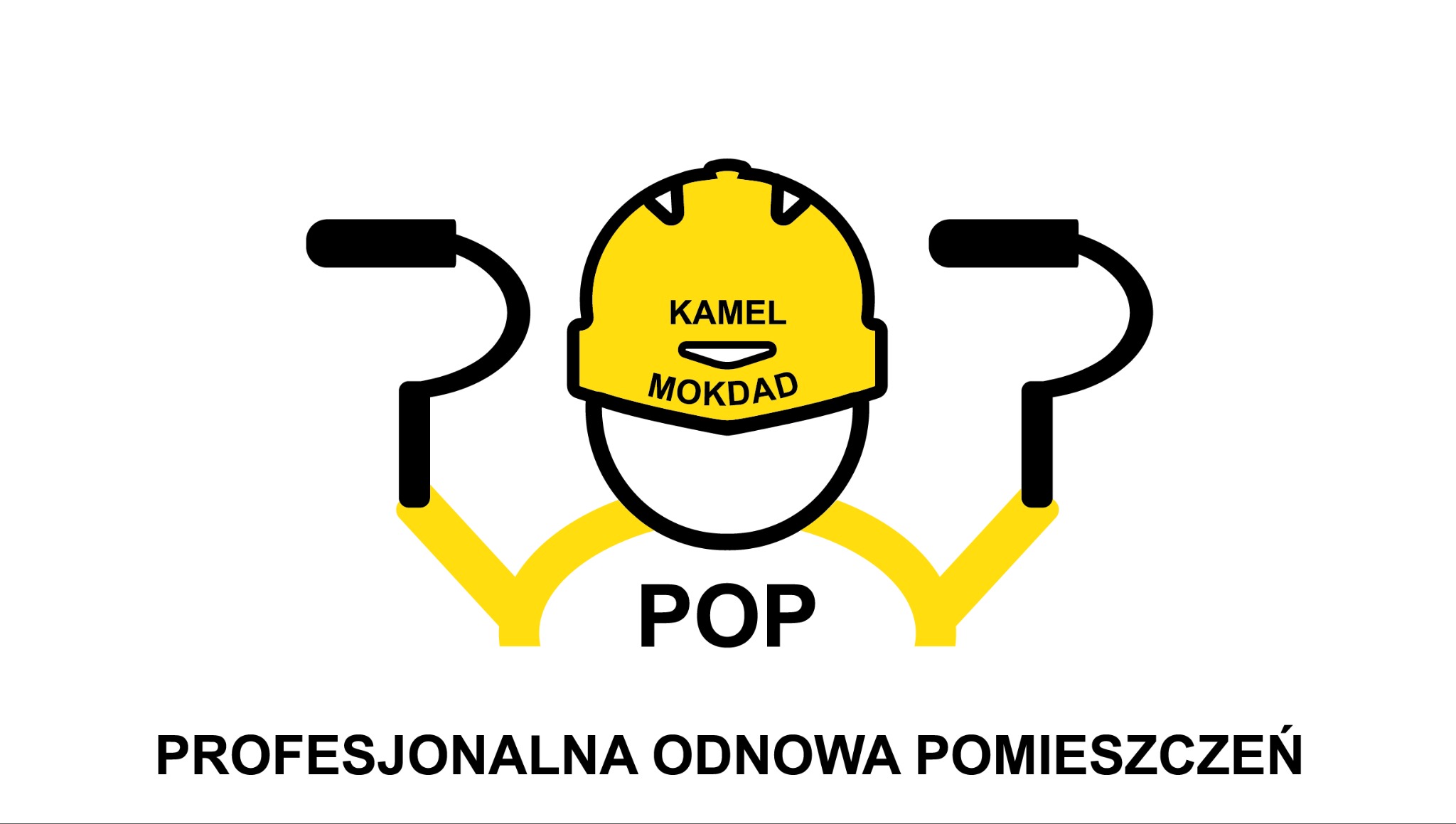 Graficzne logo firmy remontowej: żółty kask budowlany z napisem Kamel Mokdad, czarne wałki malarskie i napis POP Profesjonalna Odnowa Pomieszczeń na białym tle.