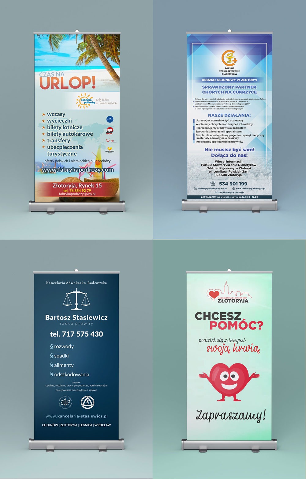 Roll-upy reklamowe z ofertami: biuro podróży z wakacyjną ofertą, stowarzyszenie diabetyków i kancelaria adwokacka, oraz klub honorowych dawców krwi Złotoryja.