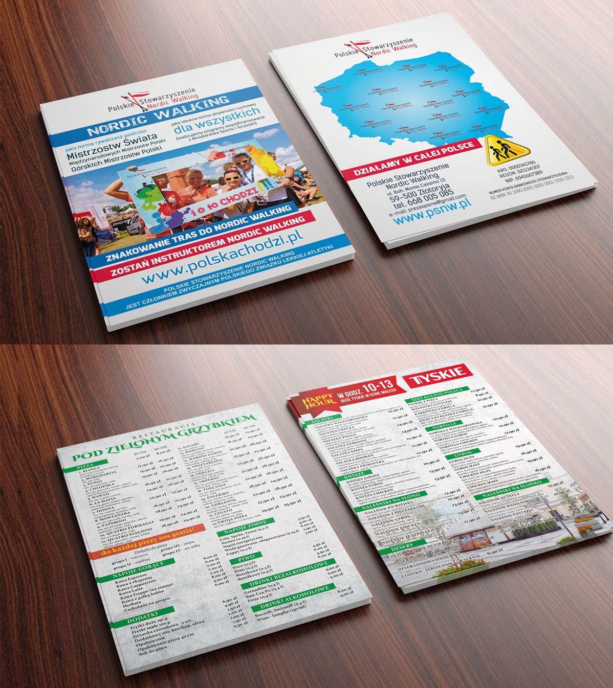 Stos ulotek i kart menu na drewnianej powierzchni. Ulotki Nordic Walking z mapą Polski i zdjęciami uczestników zawodów. Karty menu restauracji Pod Zielonym Grzybkiem z listą dań i cenami.