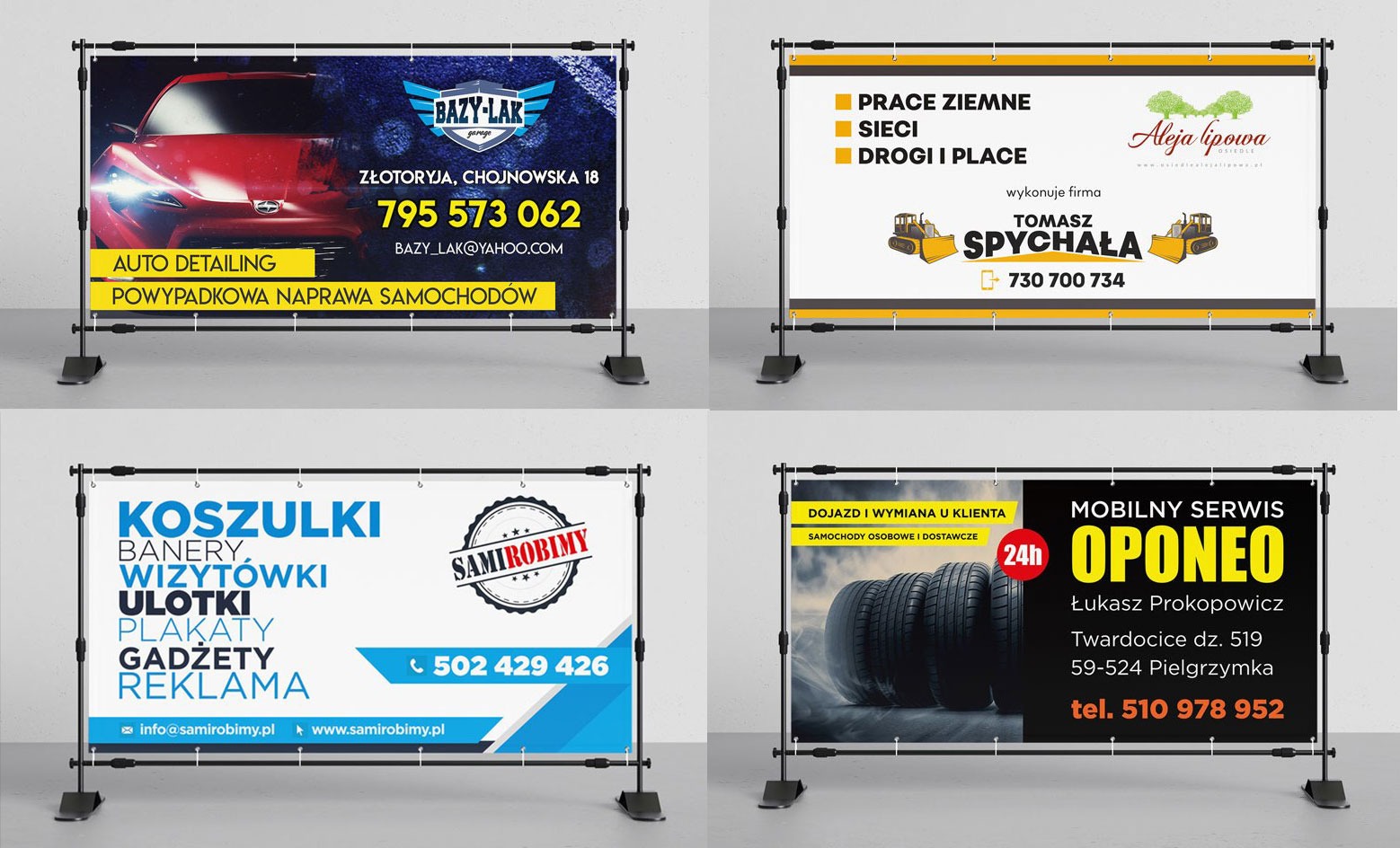 Zestaw czterech banerów reklamowych na stojakach, prezentujących usługi auto detailingu, prace ziemne, oraz ofertę koszulek, wizytówek, ulotek i serwisu opon.