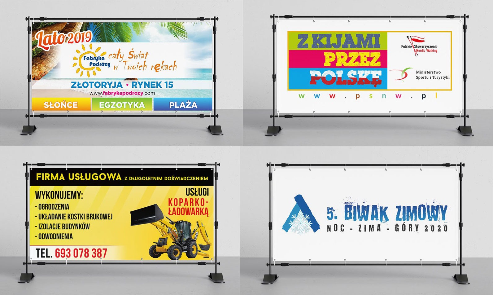 Cztery banery reklamowe na stojakach: podróże, nordic walking, usługi budowlane z koparko-ładowarką oraz biwak zimowy.