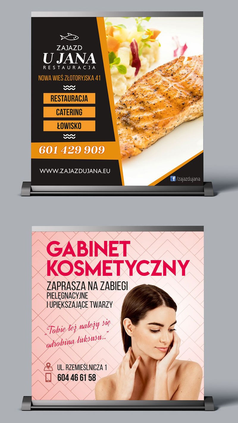 Dwa roll-upy reklamowe: górny z ofertą restauracji z pieczoną rybą i sałatką, dolny z reklamą gabinetu kosmetycznego i portretem kobiety.