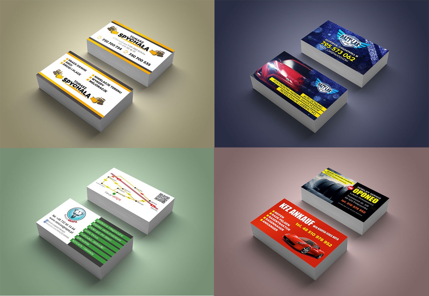 Cztery zestawy wizytówek firm z branży budowlanej, motoryzacyjnej i rekreacyjnej, ułożone pod kątem na jednolitym tle.