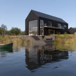 Czarny, nowoczesny dom z dużymi oknami odbijający się w wodzie jeziora, z zieloną łódką na pierwszym planie i schodami prowadzącymi do domu.
