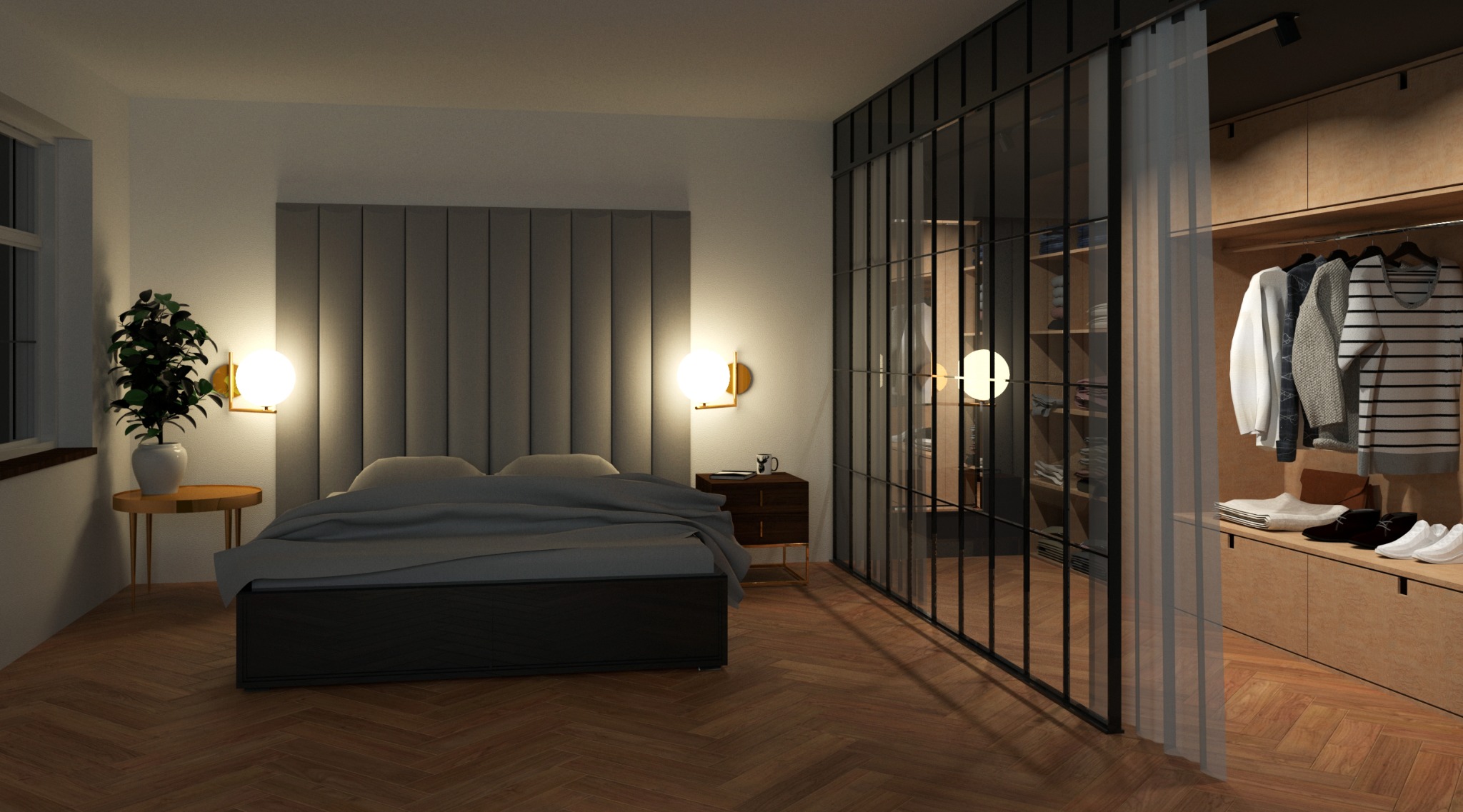 Sypialnia w neutralnych barwach z łóżkiem kontynentalnym, ścianą z panelami tapicerowanymi, szklaną ścianą oddzielającą garderobę i parkietem w jodełkę.