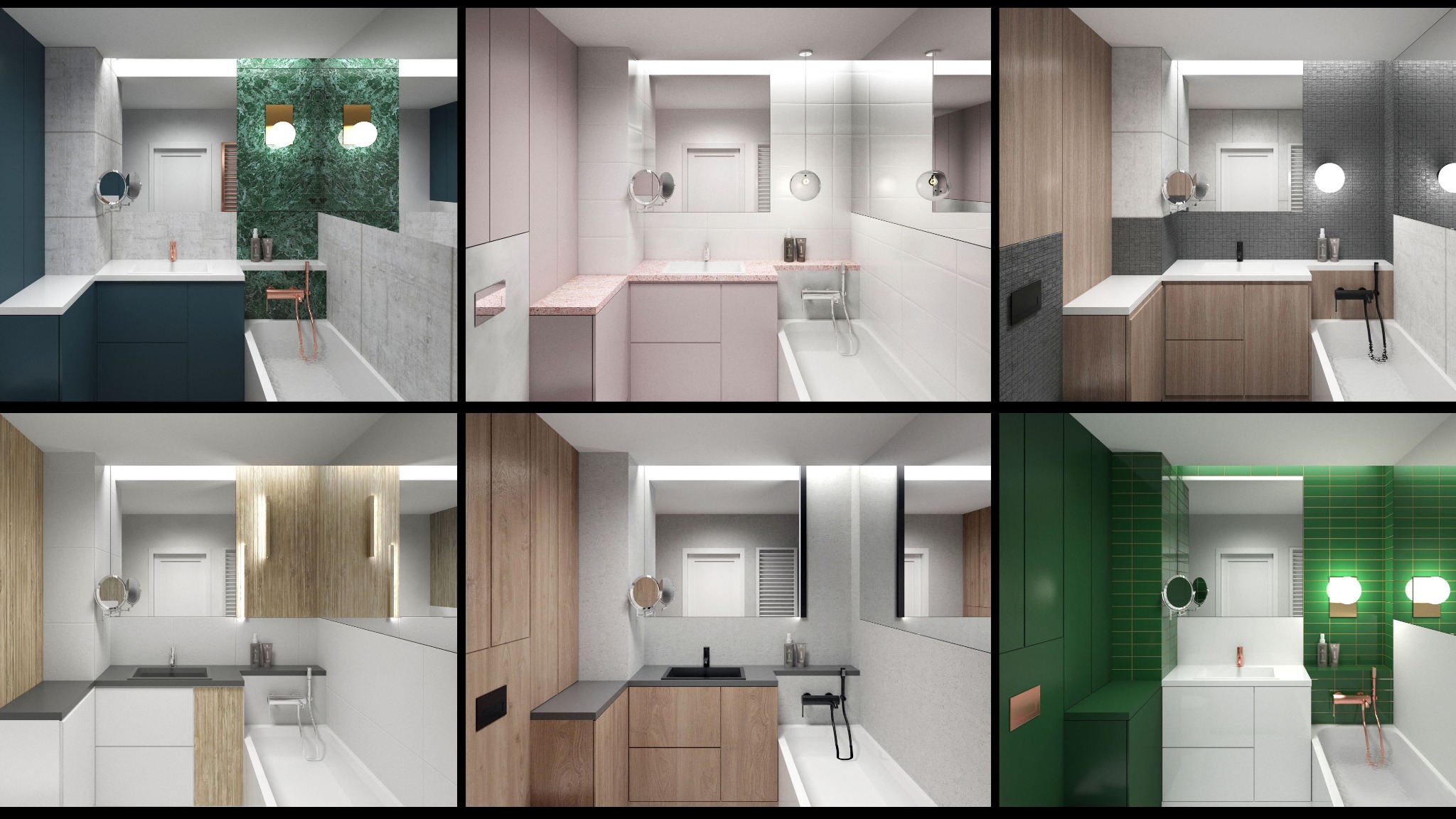 Kolaż sześciu wizualizacji łazienek w różnych stylach: nowoczesna z zielonymi płytkami, minimalistyczna z różowymi akcentami, skandynawska z drewnem, elegancka z szarymi detalami, ciepła...