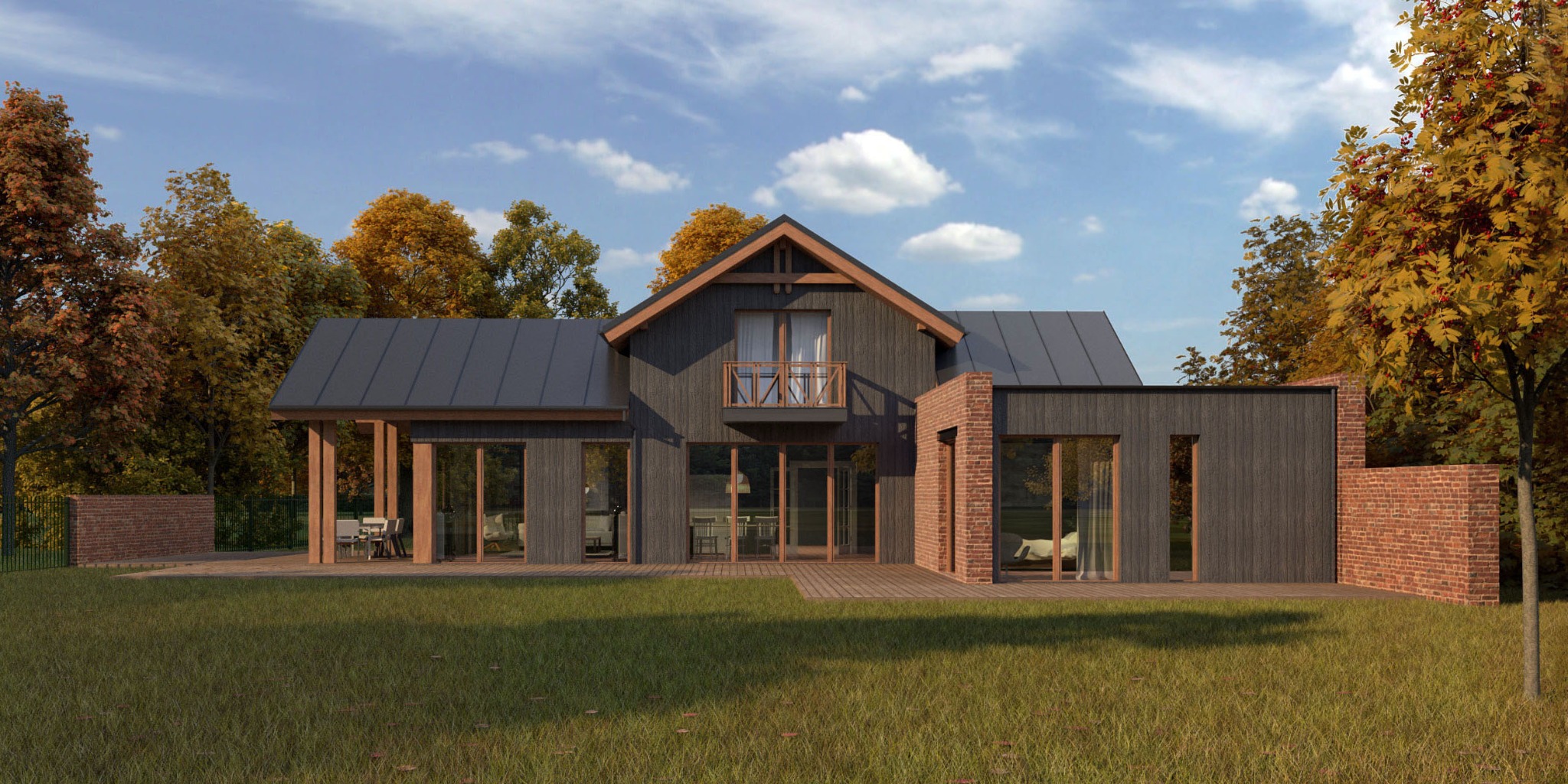 Wizualizacja nowoczesnego domu jednorodzinnego z ciemną elewacją drewnianą, szarym dachem i elementami z czerwonej cegły, otoczonego jesiennym krajobrazem.