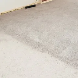 Fragment szarego dywanu, widoczna różnica w odcieniu po praniu, z lewej strony jaśniejszy, z prawej ciemniejszy, w rogu widoczny wąż od odkurzacza piorącego oraz kabel zasilający wzdłuż ściany.