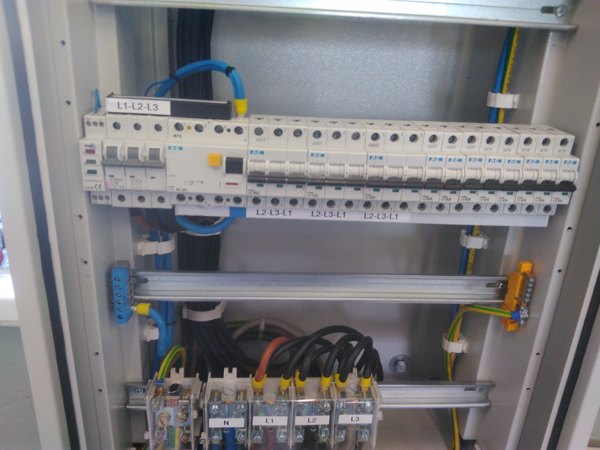 Wewnętrzny widok rozdzielnicy elektrycznej z zainstalowanymi bezpiecznikami Eaton, przewodami oznaczonymi L1, L2, L3 i N, oraz listwami zaciskowymi w kolorach niebieskim i żółtym.