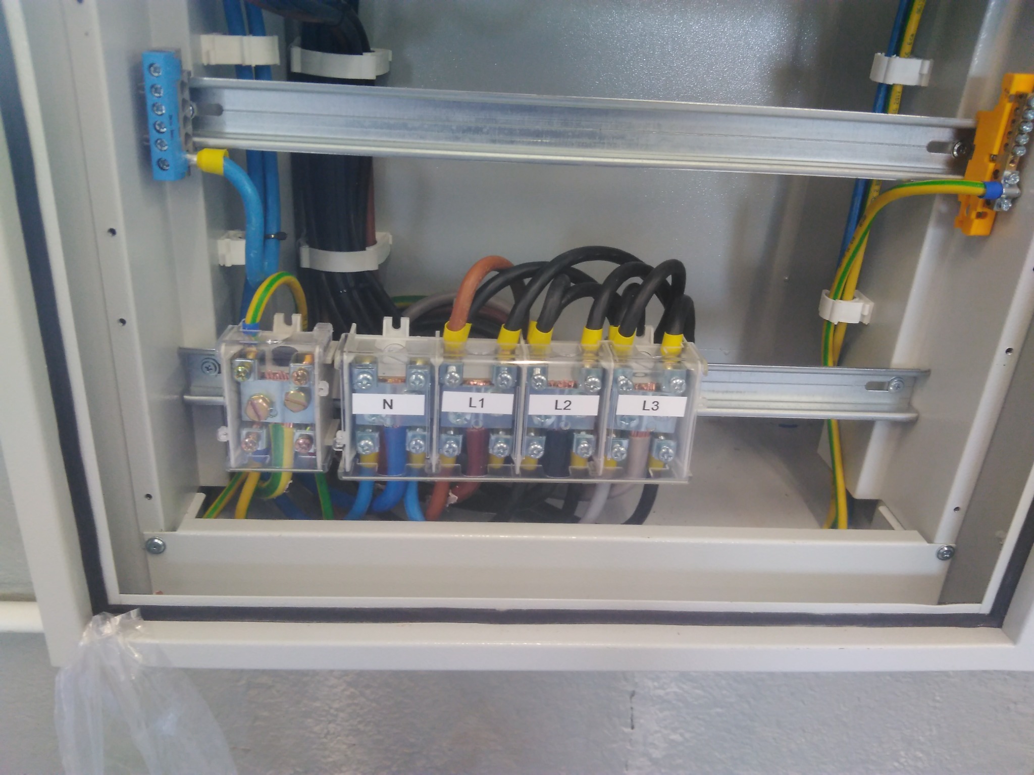 Wnętrze skrzynki elektrycznej z widocznymi przewodami, listwami zaciskowymi oznaczonymi N, L1, L2, L3, oraz elementami montażowymi na szynach DIN.