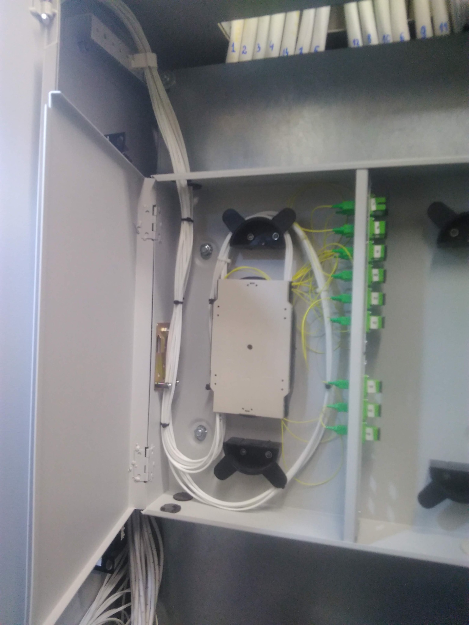 Otwarta szafa telekomunikacyjna z uporządkowanymi kablami światłowodowymi, widoczne złącza światłowodowe w kolorze zielonym i żółtym oraz organizer kabli.