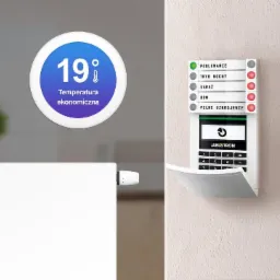 Panel sterowania systemem alarmowym Jablotron z wyświetlaczem temperatury ekonomicznej 19 stopni Celsjusza, widoczne diody sygnalizujące status podłączonych stref.
