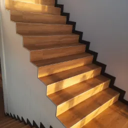 Schody wykończone panelami drewnopodobnymi z aluminiowymi listwami krawędziowymi, widok z góry w dół, oświetlone ciepłym światłem słonecznym.