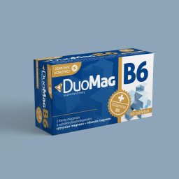 HeyDay - Pudełko suplementu diety DuoMag B6 na jednolitym, szarym tle. Opakowanie w kolorach niebieskim i białym z elementami graficznymi i tekstem informacyjnym o produkcie.