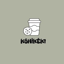 HeyDay - Minimalistyczny logotyp przedstawiający kubek kawy na wynos z ciasteczkiem obok, nazwa firmy 'Kōhīkēki' w czcionce o nieregularnym kroju.