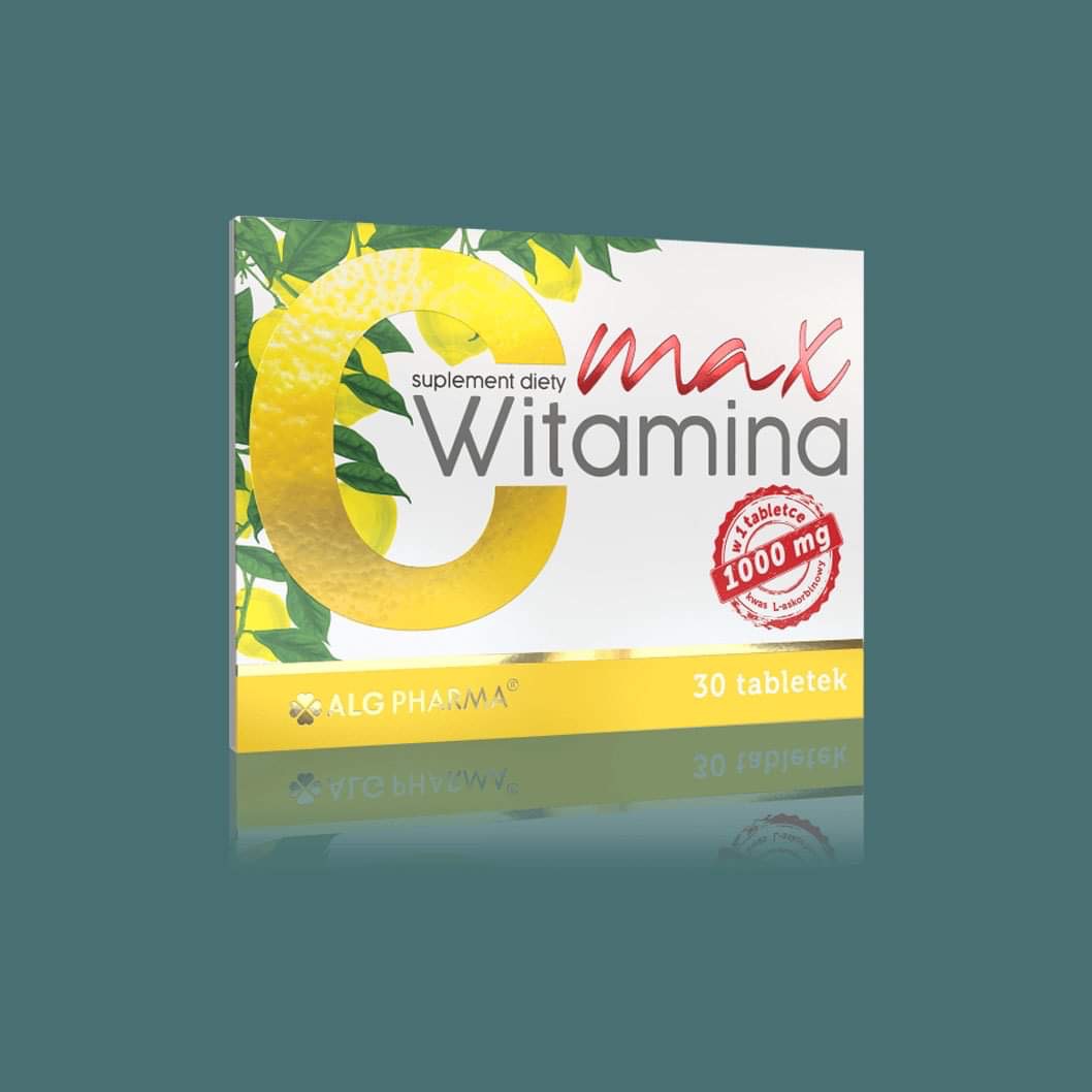 Opakowanie suplementu diety Witamina C Max 1000mg firmy ALG Pharma, z grafiką cytryn i napisem. Widoczny refleks opakowania na błyszczącym tle.