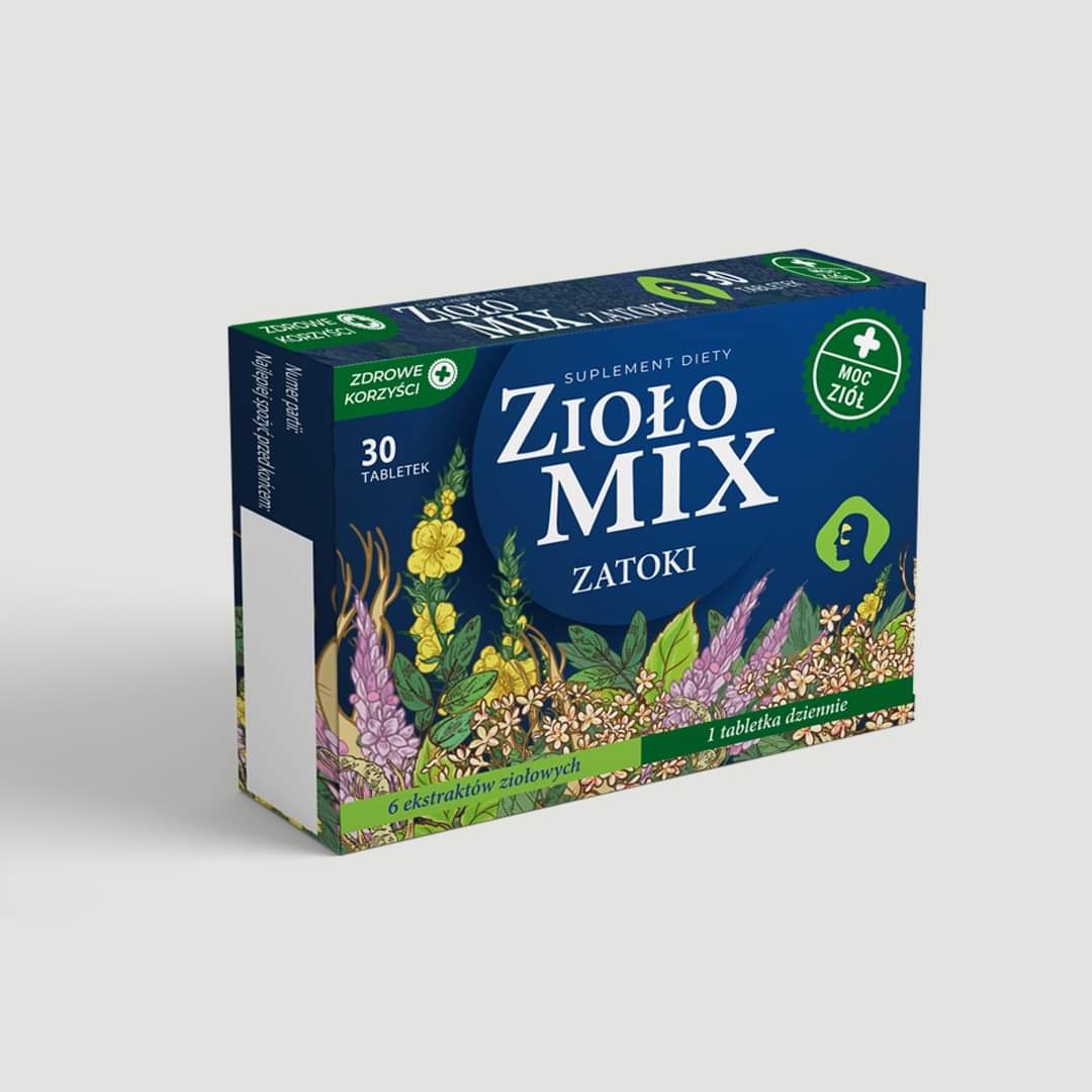 Opakowanie suplementu diety Zioło Mix Zatoki z ilustracją ziół, zawierające 30 tabletek, promujące zdrowe korzyści i moc ziół.
