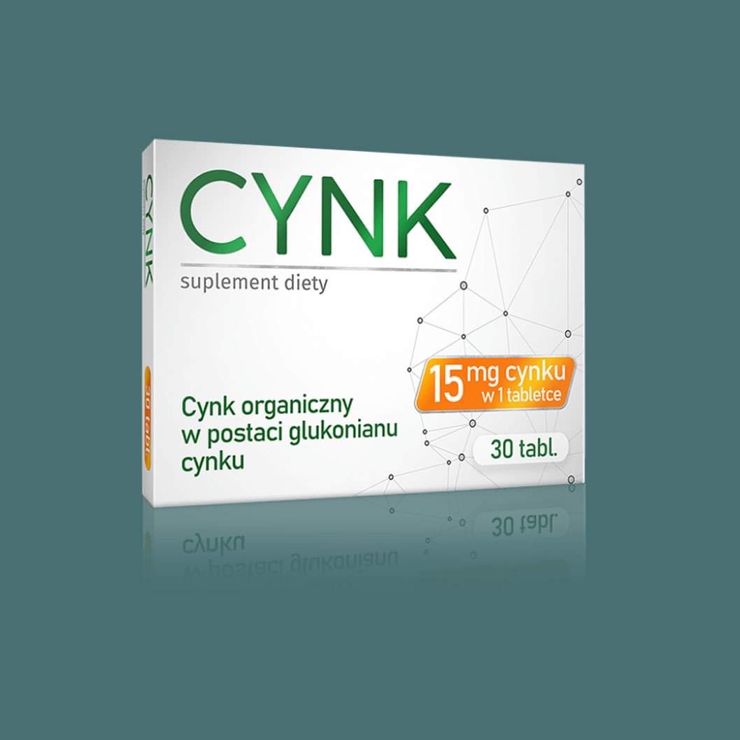 Opakowanie suplementu diety Cynk organiczny w postaci glukonianu cynku, zawierające informację o zawartości 15mg cynku w tabletce, z widoczną grafiką molekularną.