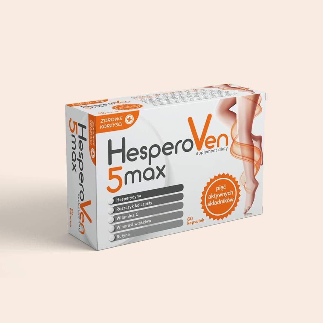 Pudełko suplementu diety HesperoVen 5max z grafiką nóg i informacją o składnikach aktywnych, na jednolitym beżowym tle.