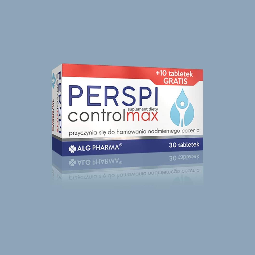Opakowanie suplementu diety Perspi Controlmax na nadmierne pocenie, z widocznym logo ALG Pharma i informacją o 30 tabletkach oraz dodatkowych 10 gratis, na gładkim, jednolitym tle.
