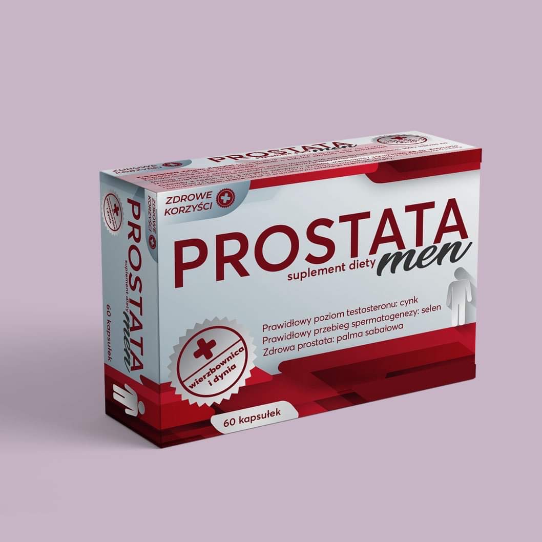Opakowanie suplementu diety ProstaMen z informacjami o składzie i korzyściach, na jednolitym tle.
