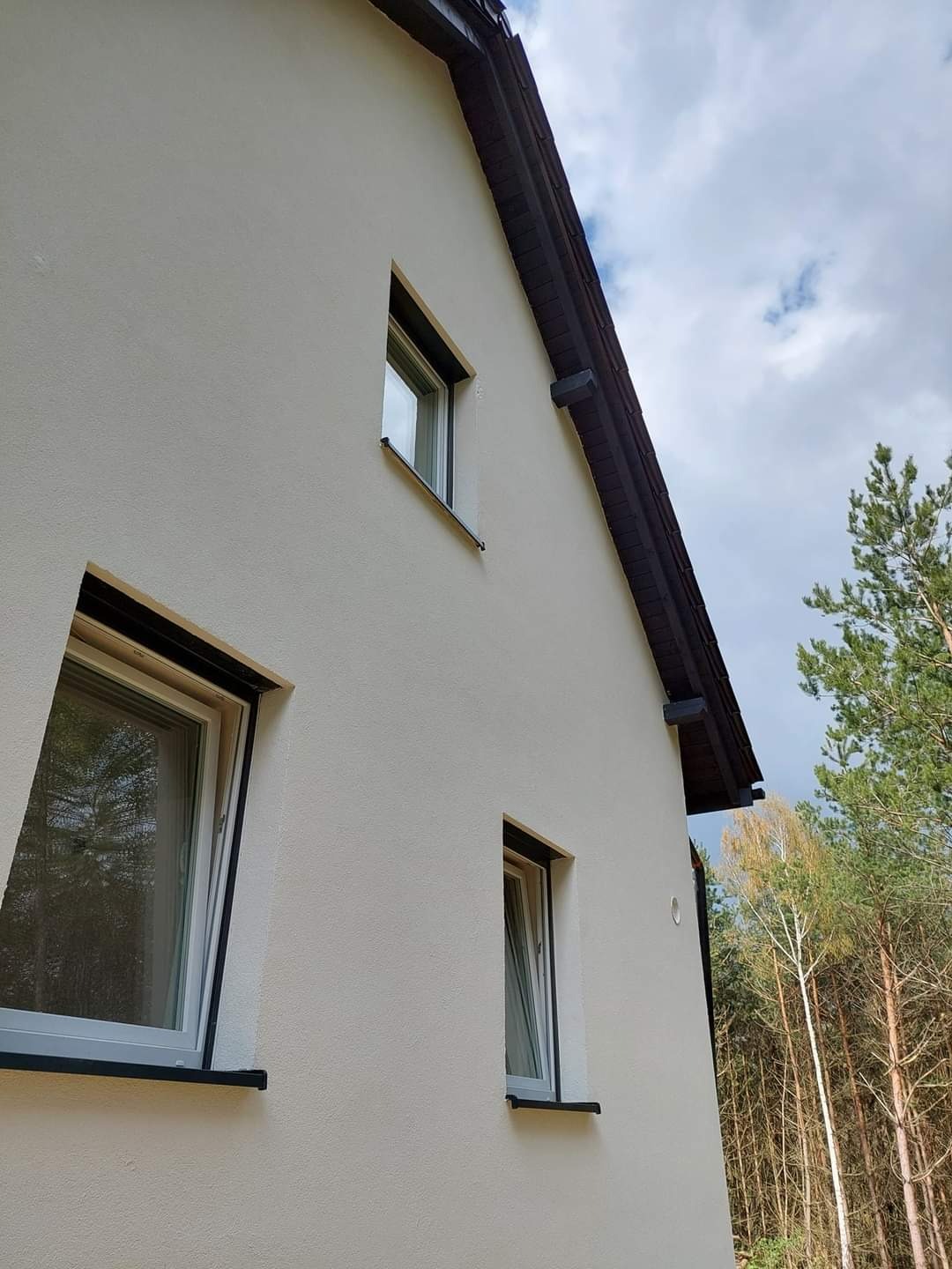 Świeżo otynkowana, kremowa elewacja domu jednorodzinnego z trzema oknami o czarnych ramach, widoczna na tle lasu i pochmurnego nieba.
