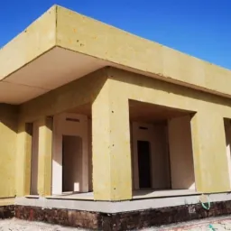 Niedokończony budynek z żółtą elewacją i otworami okiennymi, z pracownikiem na dachu, widoczne elementy konstrukcyjne i fundamenty.