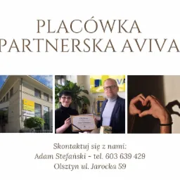 Placówka partnerska Aviva: budynek biurowy, wręczenie dyplomu pracownikowi przez przełożonego na tle biura z roślinami doniczkowymi i abstrakcyjnym obrazem, oraz cień dłoni układających się...